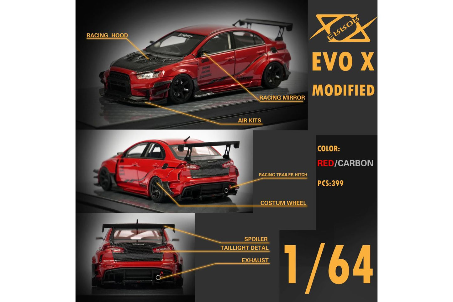 Error 404 Model 1/64 Mitsubishi Evolution X Varis Widebody in Red