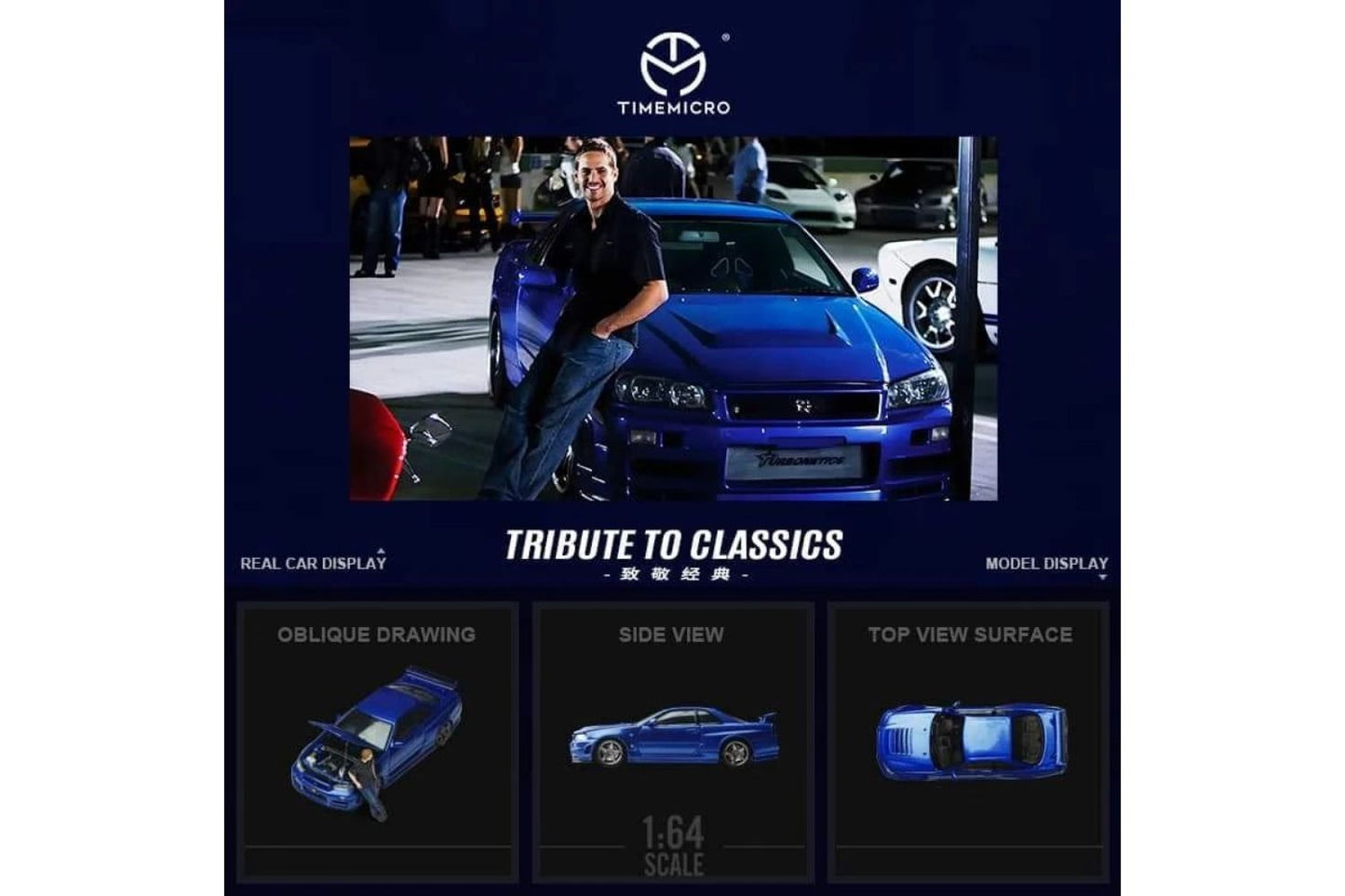 Time Micro 1/64 Nissan Skyline GT-R (R34) "Tribute to Classics"- Fast & Furious in Blue