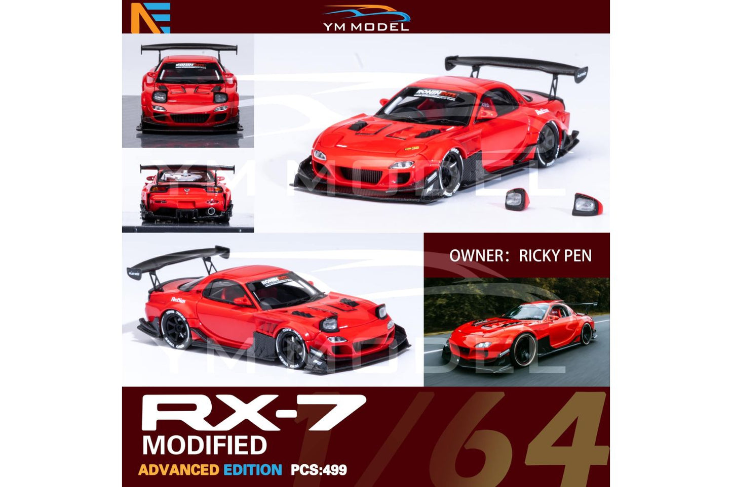 YM Model 1/64 Mazda RX-7 (FD3S) Ricky Pen Modified Edition in Red