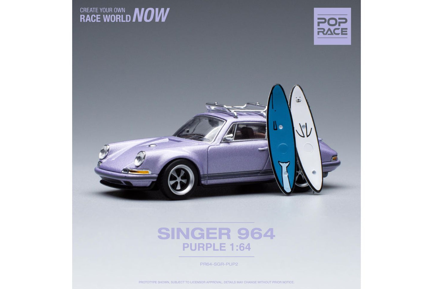 Pop Race 1/64 Singer Porsche 911 (964) in Purple with Roof Rack and Surf Boards